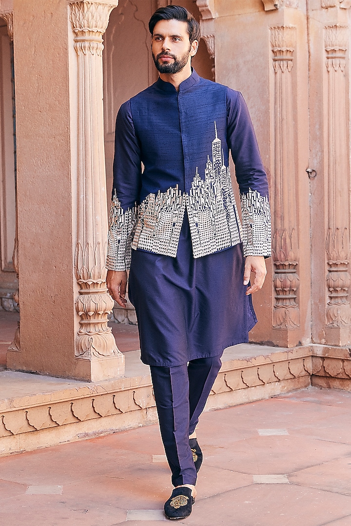 Navy Blue Raw Silk Embroidered Bundi Set by ASUKA at Pernia's Pop Up Shop