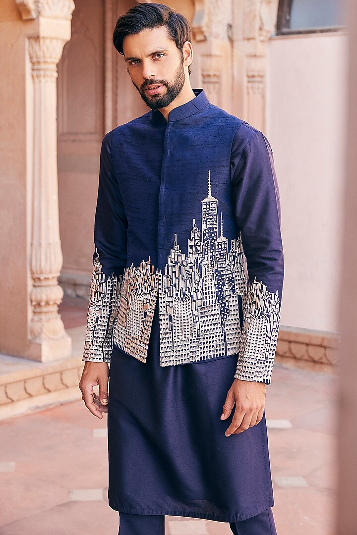 Navy Blue Raw Silk Embroidered Bundi Set by ASUKA at Pernia's Pop Up Shop