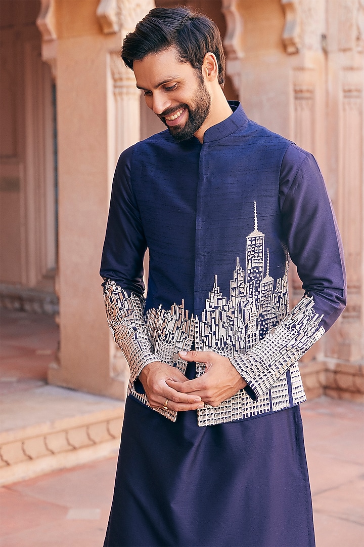 Navy Blue Raw Silk Embroidered Bundi Set by ASUKA at Pernia's Pop Up Shop