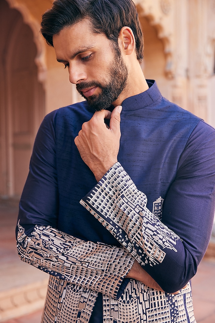 Navy Blue Raw Silk Embroidered Bundi Set by ASUKA at Pernia's Pop Up Shop