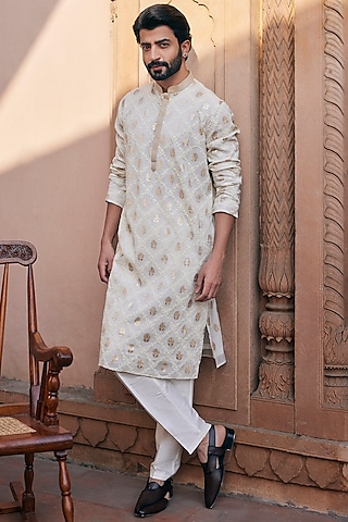 Ivory Banarasi Chanderi Silk Brocade Embroidered Kurta set by ASUKA