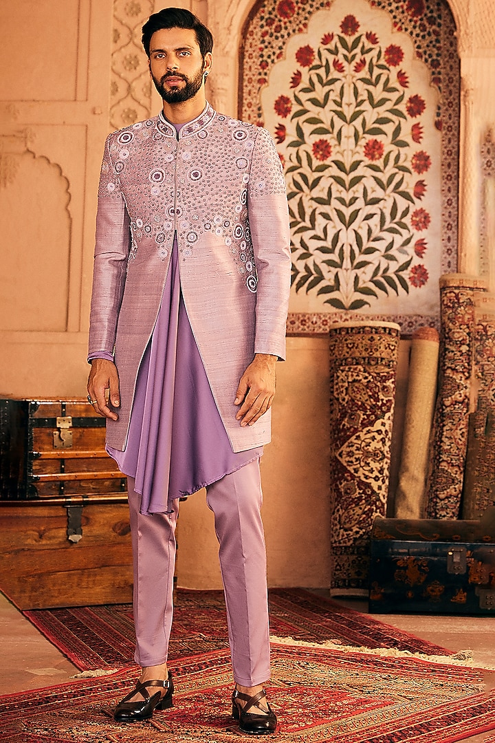 Lilac Raw Silk & Satin Embroidered Indowestern Set by ASUKA