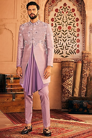 Lilac Raw Silk & Satin Embroidered Indowestern Set by ASUKA