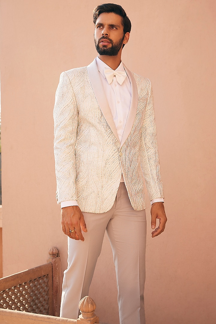 White Brocade Embroidered Tuxedo Set by ASUKA at Pernia's Pop Up Shop