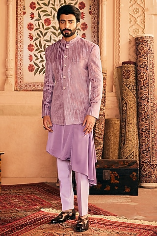 Lilac Velvet Embroidered Bandhgala Jacket Set by ASUKA