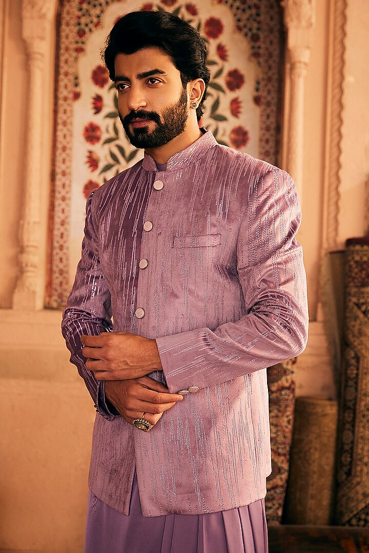 Lilac Velvet Embroidered Bandhgala Jacket Set by ASUKA at Pernia's Pop Up Shop