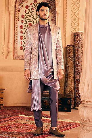 Grey Suede Printed & Embroidered Indowestern Set by ASUKA