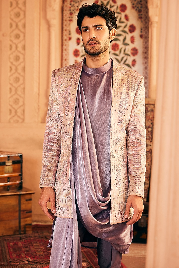 Grey Suede Printed & Embroidered Wedding Indowestern Set by ASUKA at Pernia's Pop Up Shop