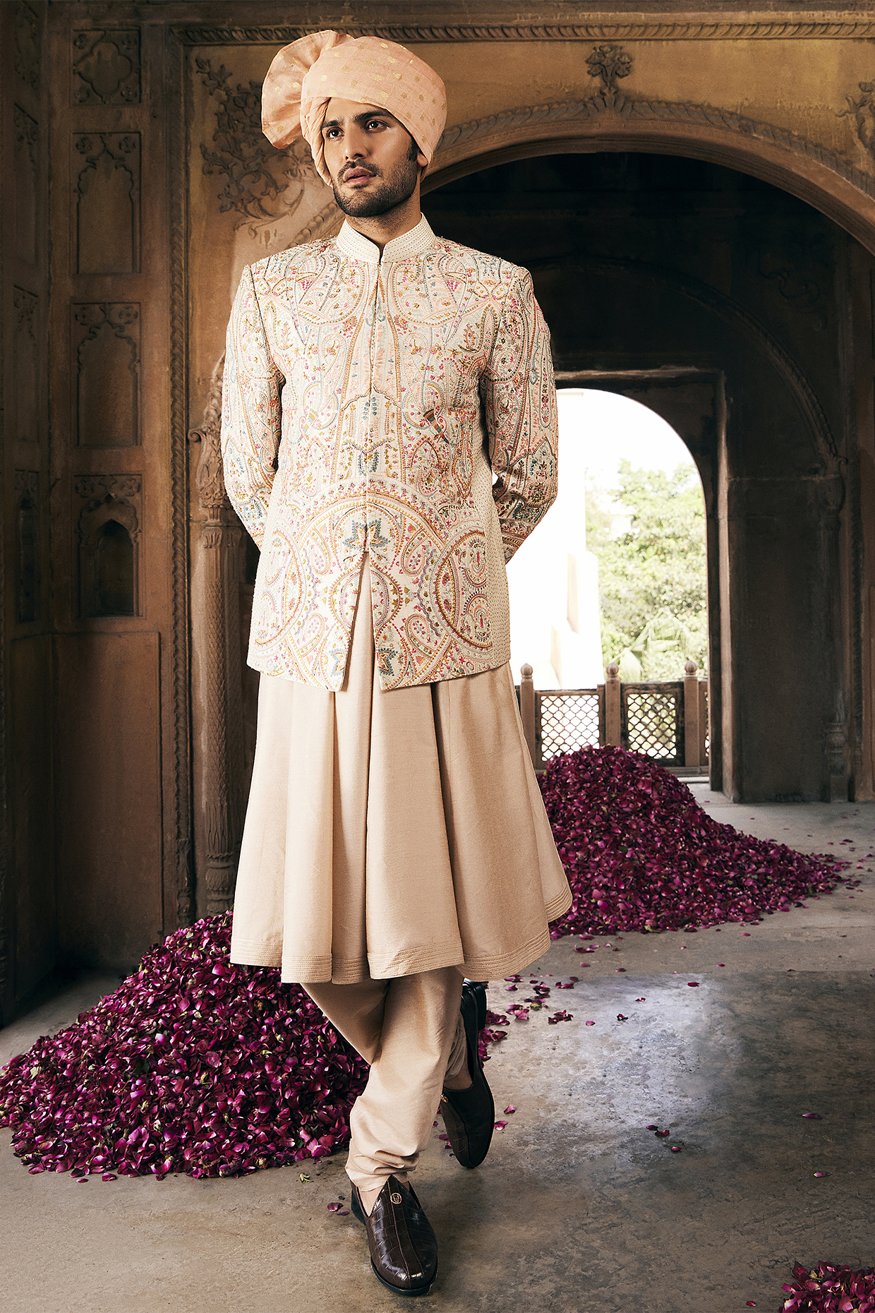 Cream Raw Silk Hand Embroidered Bandhgala Jacket Set by ASUKA