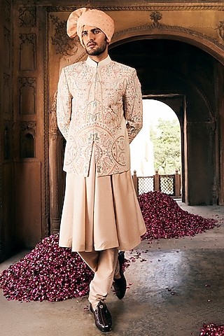 Cream Raw Silk Hand Embroidered Bandhgala Jacket Set by ASUKA