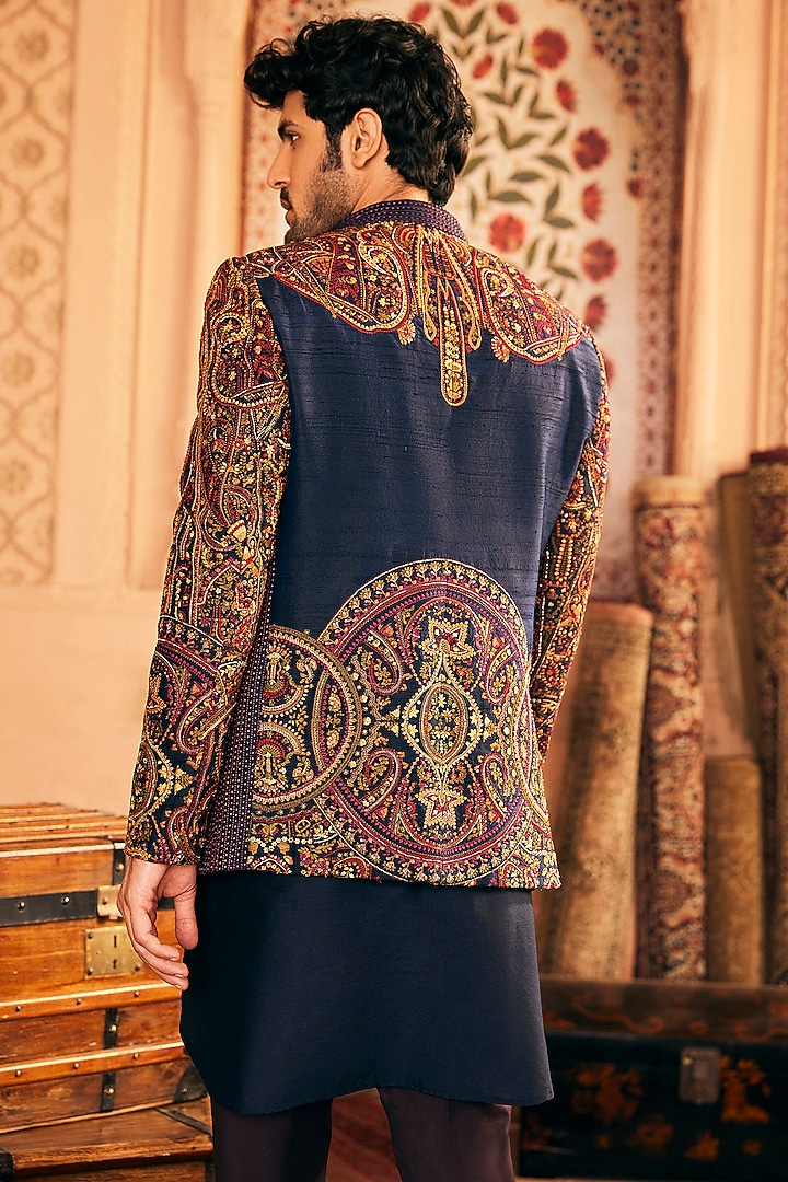 Navy Blue Raw Silk Hand Embroidered Wedding Bandhgala Jacket Set by ASUKA at Pernia's Pop Up Shop