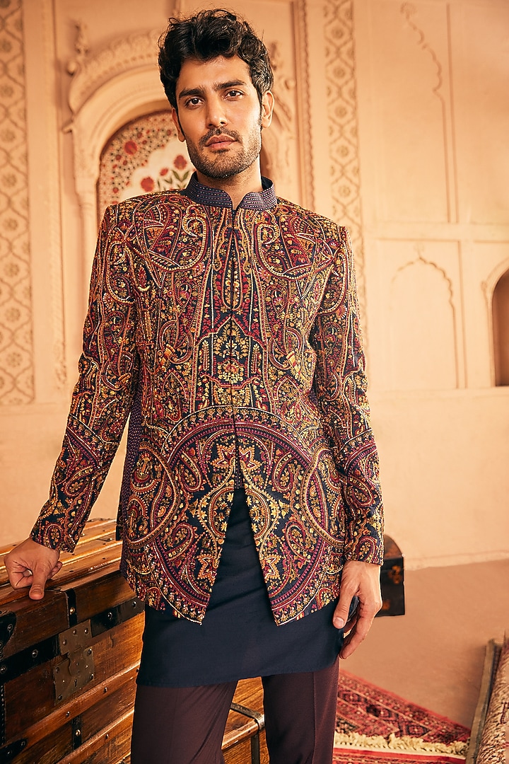 Navy Blue Raw Silk Hand Embroidered Wedding Bandhgala Jacket Set by ASUKA at Pernia's Pop Up Shop