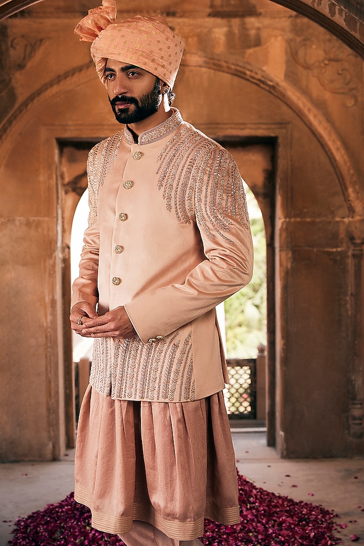 Rose Gold Suede Velvet Embroidered Wedding Bandhgala Jacket Set by ASUKA at Pernia's Pop Up Shop
