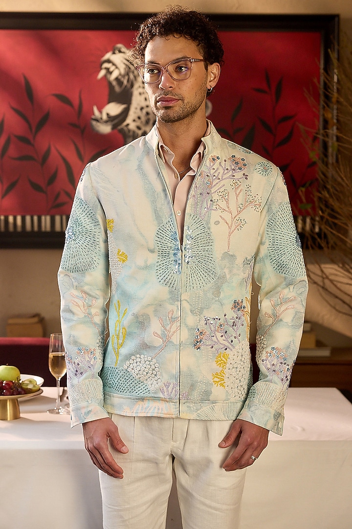 Emerald Tigene Fabric Hand Embroidered Bomber Jacket by ASUKA at Pernia's Pop Up Shop