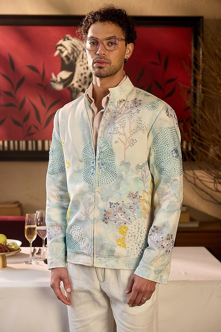 Emerald Tigene Fabric Hand Embroidered Bomber Jacket by ASUKA at Pernia's Pop Up Shop