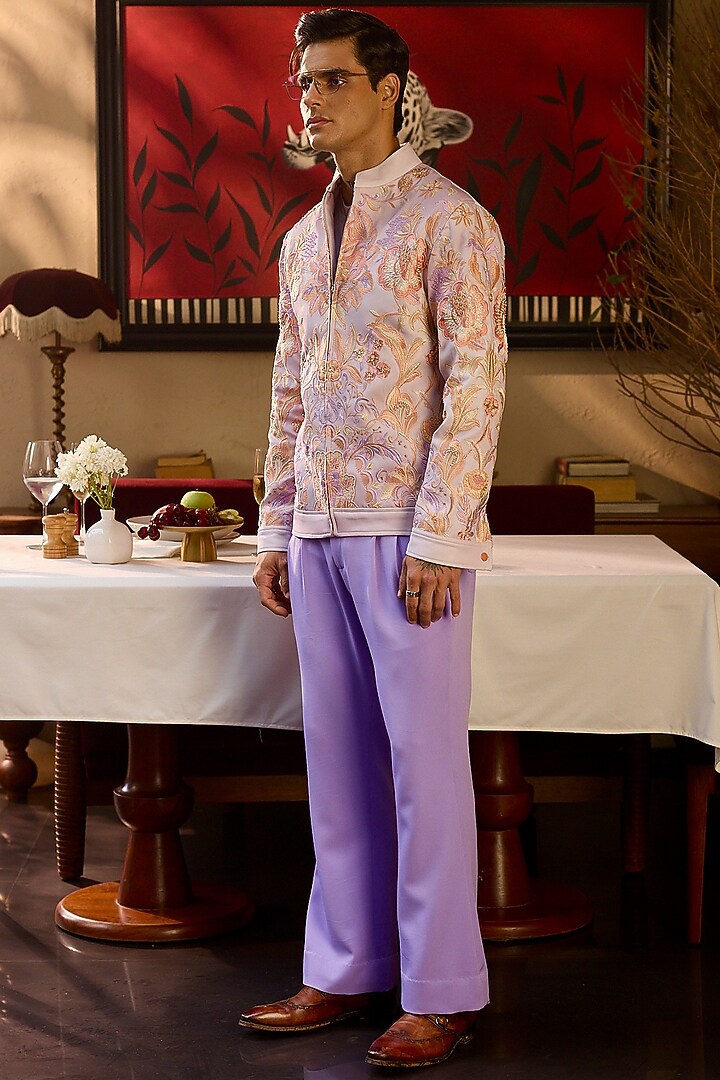 Lilac Tigene Fabric Hand Embroidered Bomber Jacket by ASUKA at Pernia's Pop Up Shop