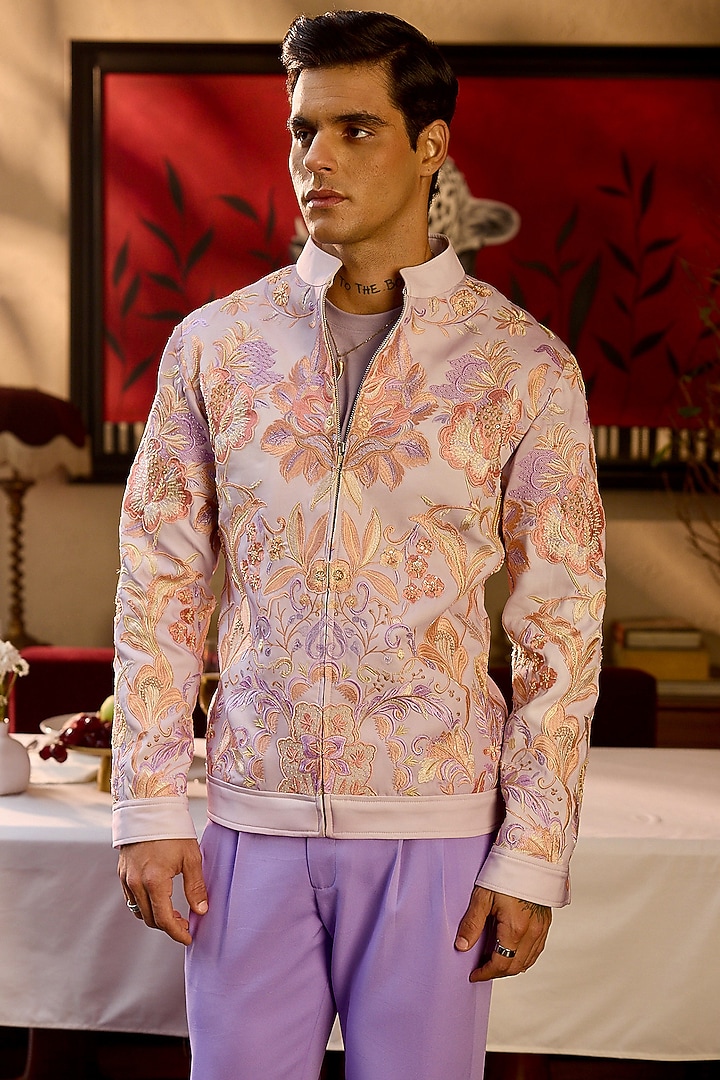 Lilac Tigene Fabric Hand Embroidered Bomber Jacket by ASUKA at Pernia's Pop Up Shop