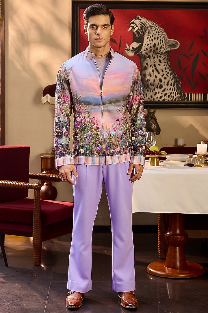 Gold Tigene Fabric Hand Embroidered & Printed Bomber Jacket by ASUKA at Pernia's Pop Up Shop