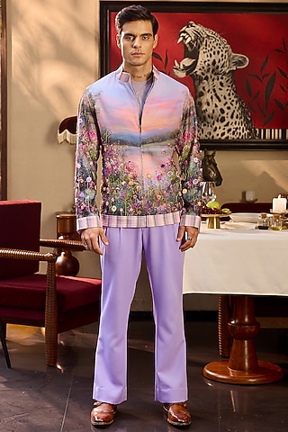 Gold Tigene Fabric Hand Embroidered & Printed Bomber Jacket by ASUKA