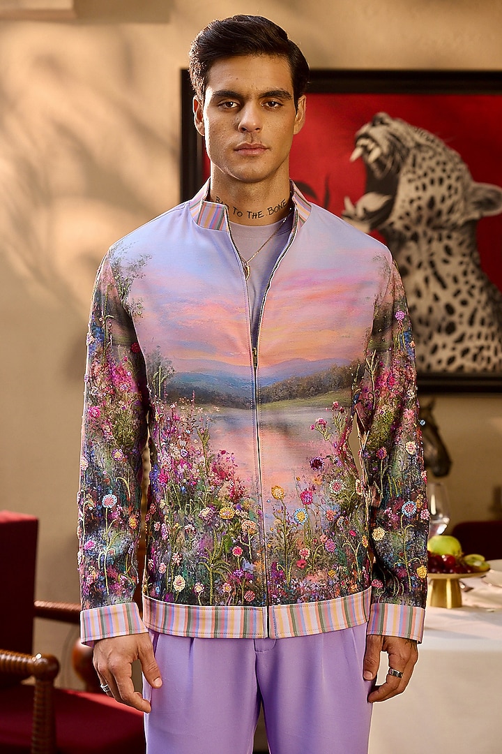Gold Tigene Fabric Hand Embroidered & Printed Bomber Jacket by ASUKA at Pernia's Pop Up Shop