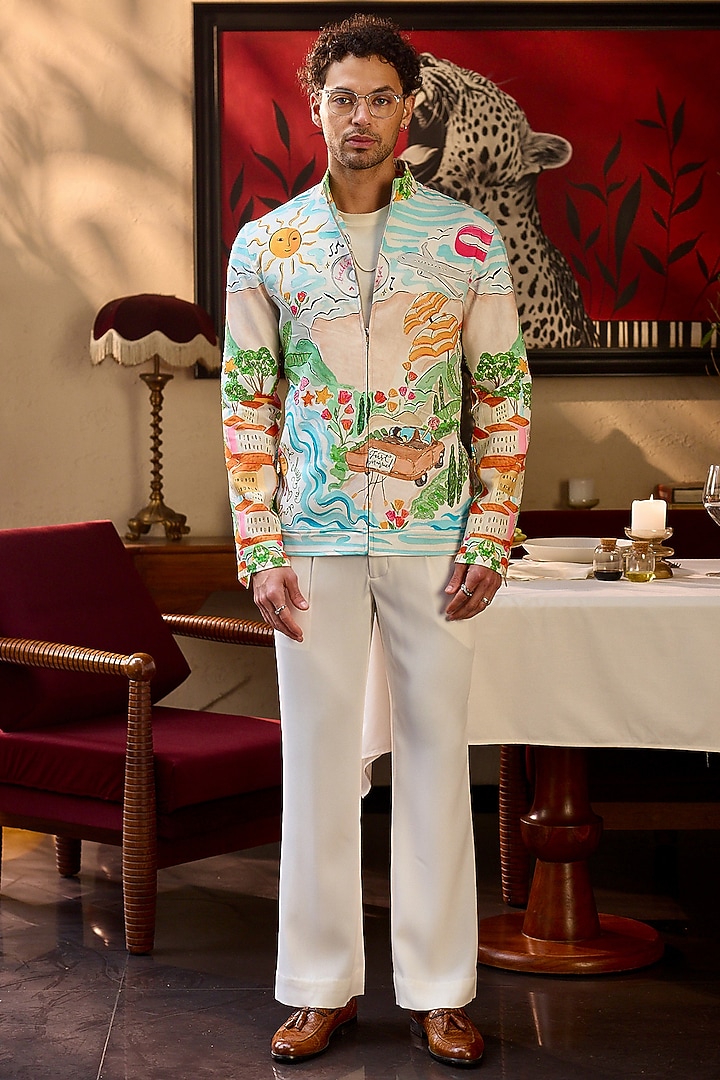 Multi-Colored Tigene Fabric Cutdana Work & Printed Bomber Jacket by ASUKA at Pernia's Pop Up Shop