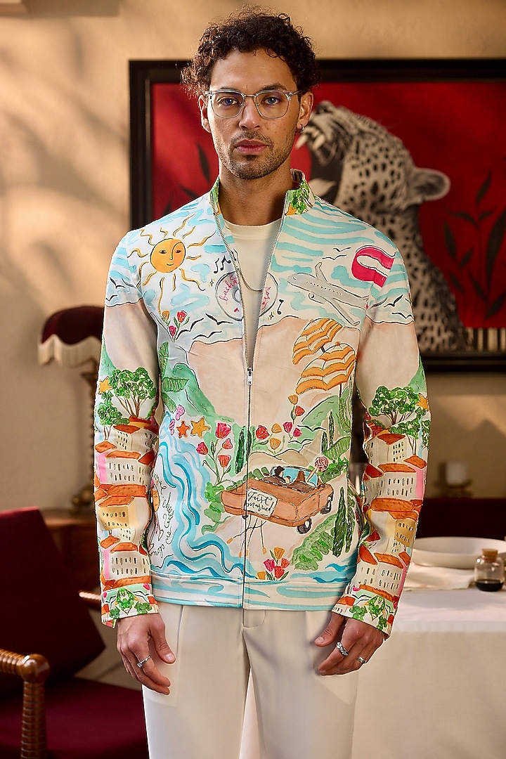 Multi-Colored Tigene Fabric Cutdana Work & Printed Bomber Jacket by ASUKA at Pernia's Pop Up Shop