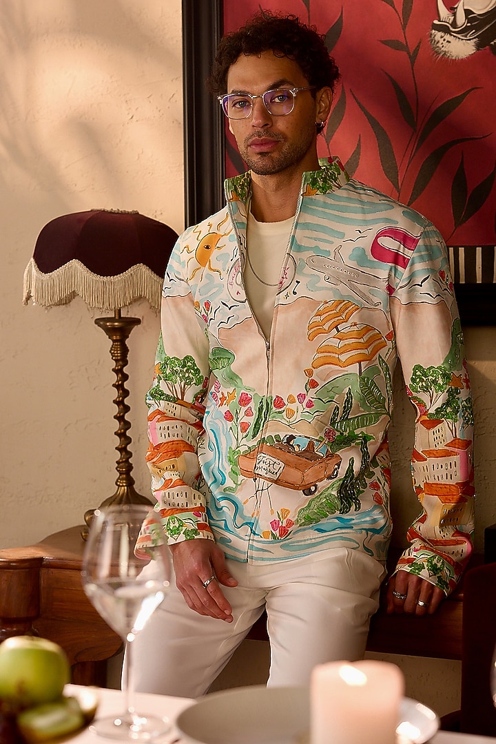 Multi-Colored Tigene Fabric Cutdana Work & Printed Bomber Jacket by ASUKA at Pernia's Pop Up Shop