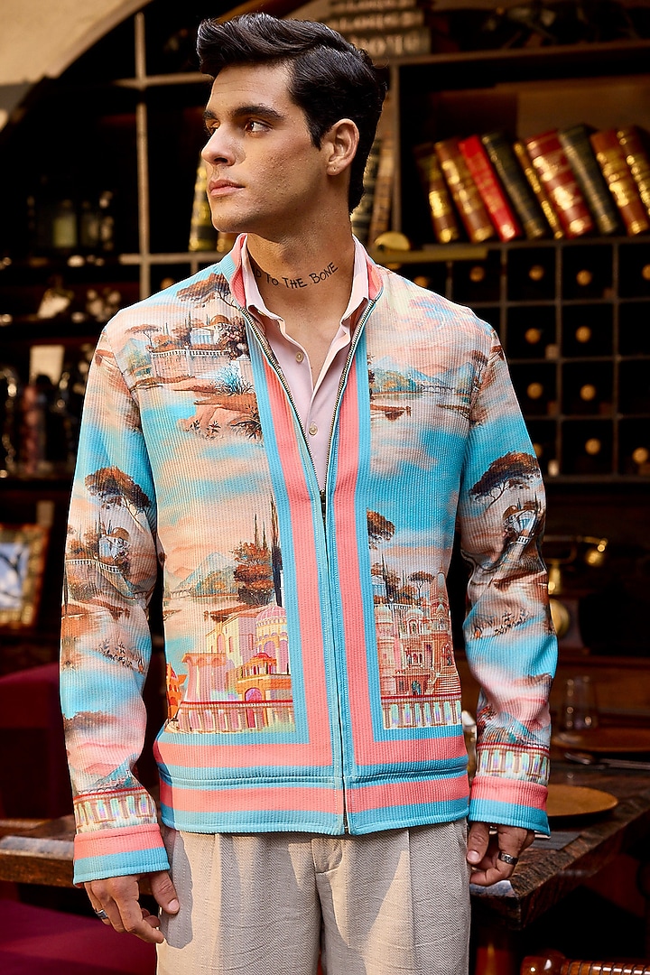Coral Poly Corduroy Printed Bomber Jacket by ASUKA at Pernia's Pop Up Shop