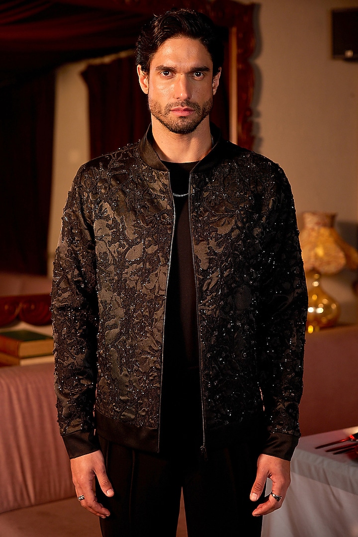Black Velvet Embroidered Bomber Jacket by ASUKA at Pernia's Pop Up Shop