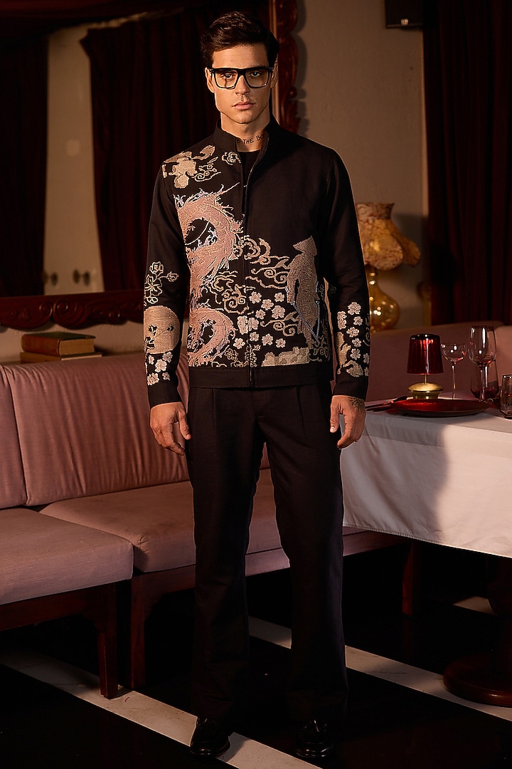 Ivory Linen Hand Embroidered Bomber Jacket by ASUKA at Pernia's Pop Up Shop