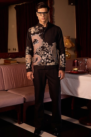 Ivory Linen Hand Embroidered Bomber Jacket by ASUKA