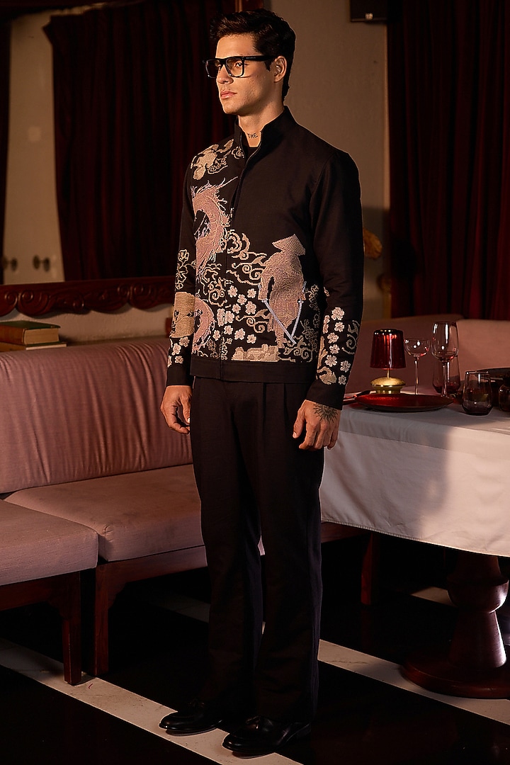 Ivory Linen Hand Embroidered Bomber Jacket by ASUKA at Pernia's Pop Up Shop