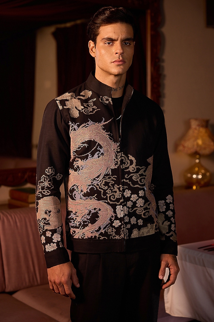 Ivory Linen Hand Embroidered Bomber Jacket by ASUKA at Pernia's Pop Up Shop