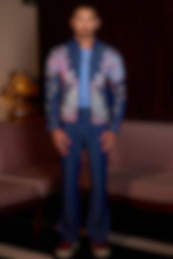 Indigo Denim Resham Embroidered Bomber Jacket by ASUKA at Pernia's Pop Up Shop