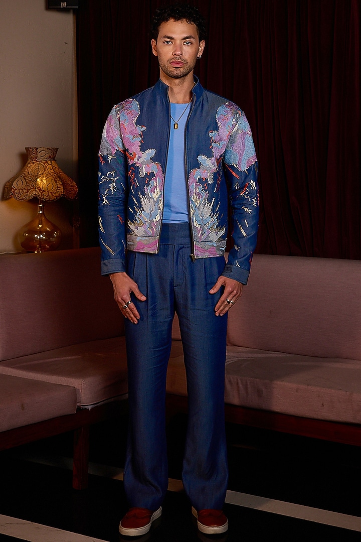 Indigo Denim Resham Embroidered Bomber Jacket by ASUKA at Pernia's Pop Up Shop