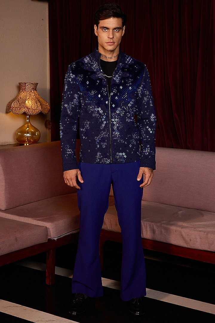 Multi-Colored Velvet Cutdana Embroidered Bomber Jacket by ASUKA at Pernia's Pop Up Shop