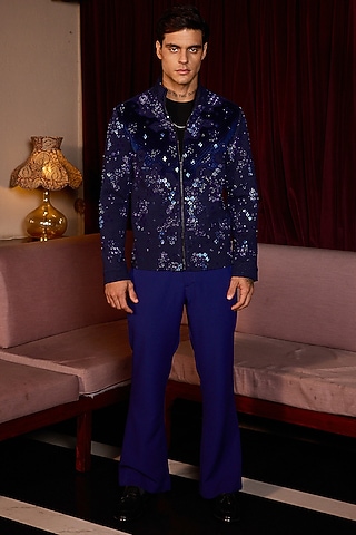 Multi-Colored Velvet Cutdana Embroidered Bomber Jacket by ASUKA