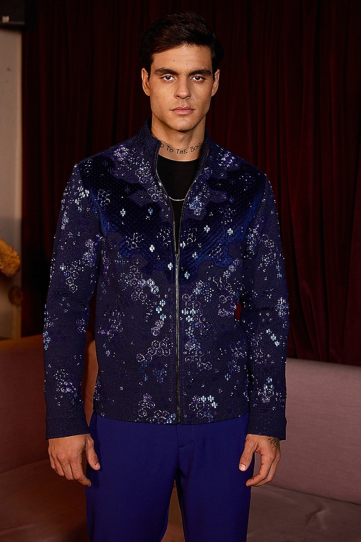 Multi-Colored Velvet Cutdana Embroidered Bomber Jacket by ASUKA at Pernia's Pop Up Shop
