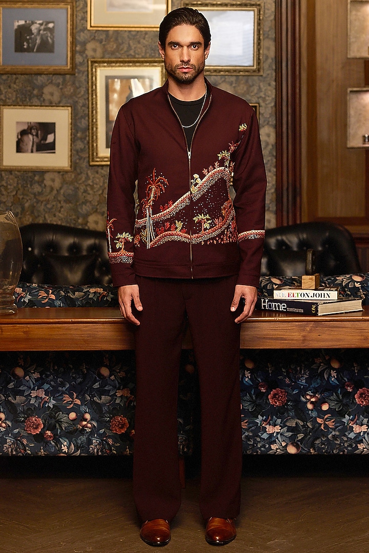 Deep Burgundy Tigene Fabric Machine Embroidered Bomber Jacket by ASUKA at Pernia's Pop Up Shop