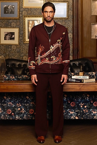 Deep Burgundy Tigene Fabric Machine Embroidered Bomber Jacket by ASUKA