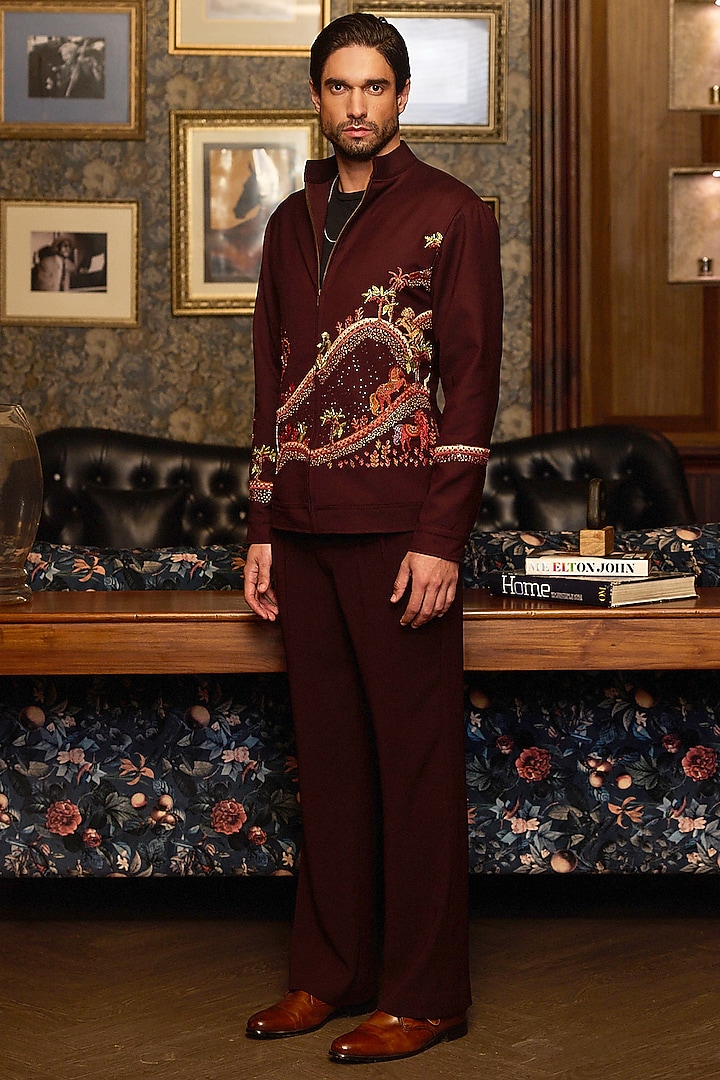Deep Burgundy Tigene Fabric Machine Embroidered Bomber Jacket by ASUKA at Pernia's Pop Up Shop