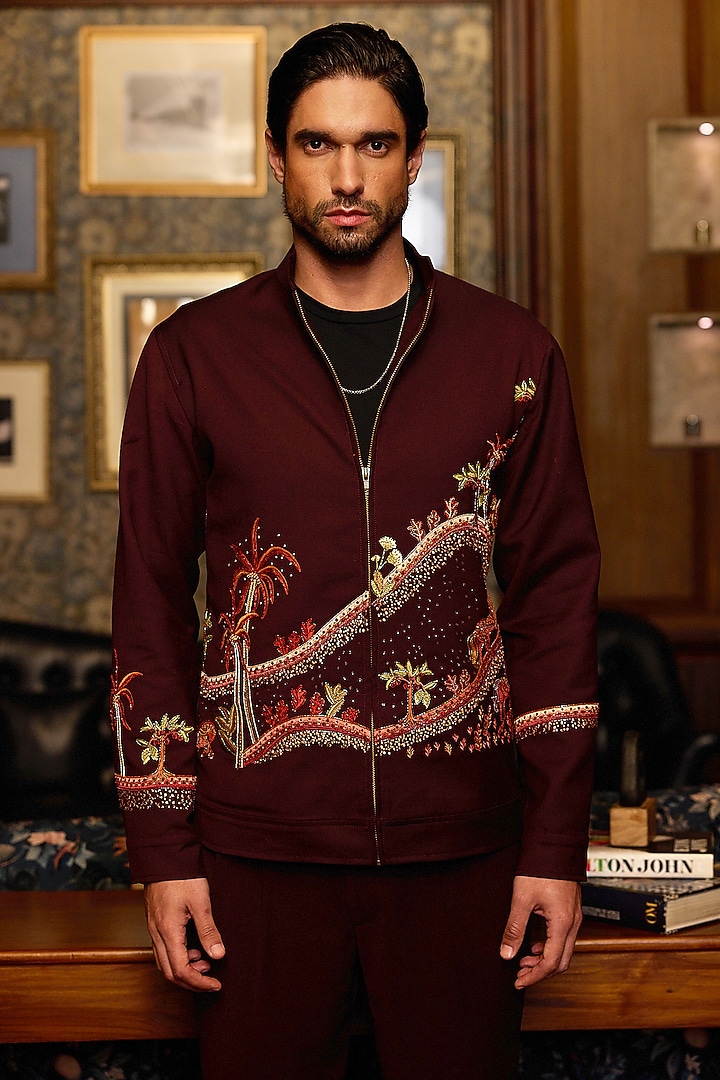 Deep Burgundy Tigene Fabric Machine Embroidered Bomber Jacket by ASUKA at Pernia's Pop Up Shop