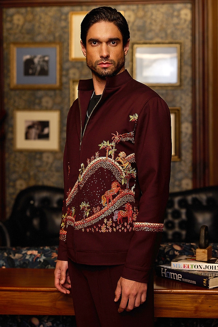 Deep Burgundy Tigene Fabric Machine Embroidered Bomber Jacket by ASUKA at Pernia's Pop Up Shop