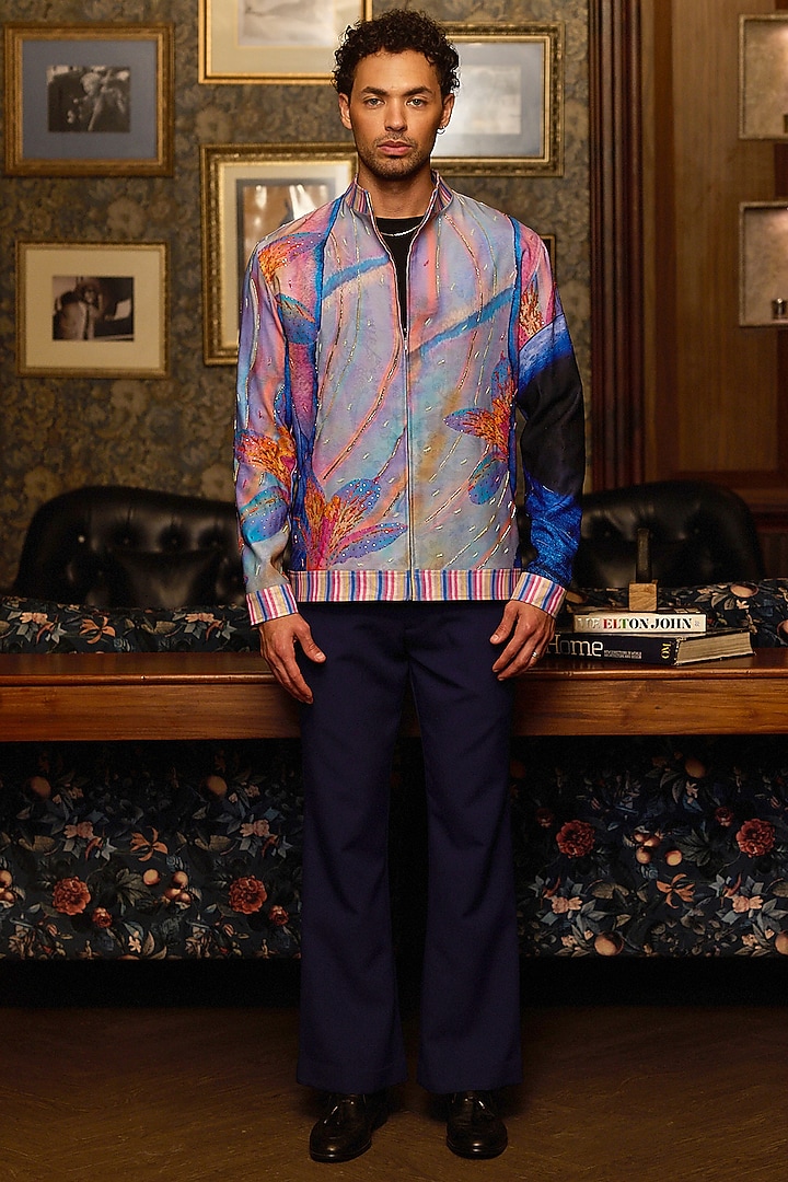 Pink Tiger Fabric Hand Embroidered Bomber Jacket by ASUKA at Pernia's Pop Up Shop