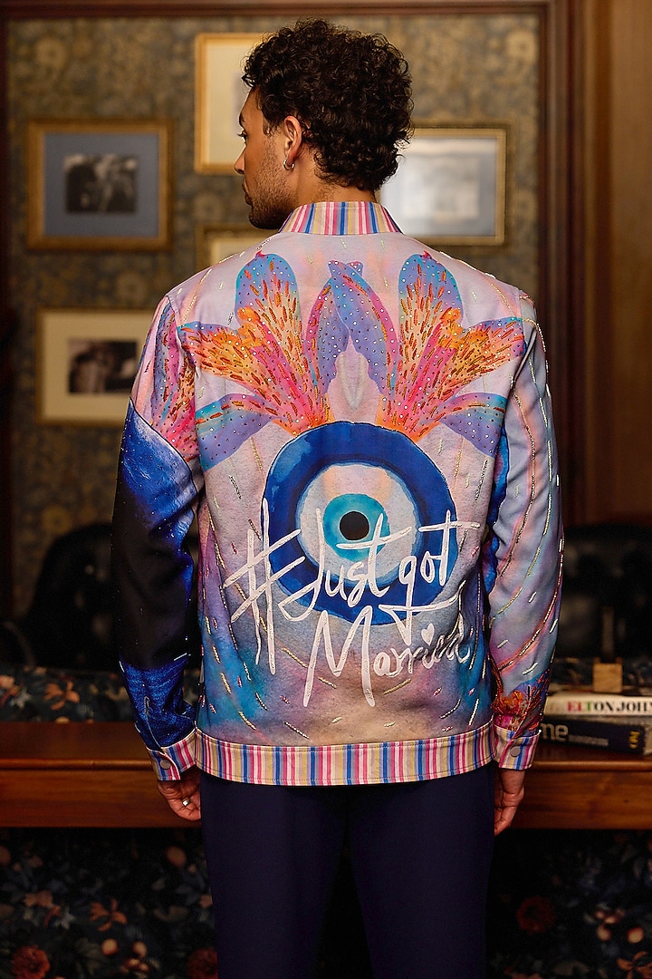 Pink Tiger Fabric Hand Embroidered Bomber Jacket by ASUKA at Pernia's Pop Up Shop