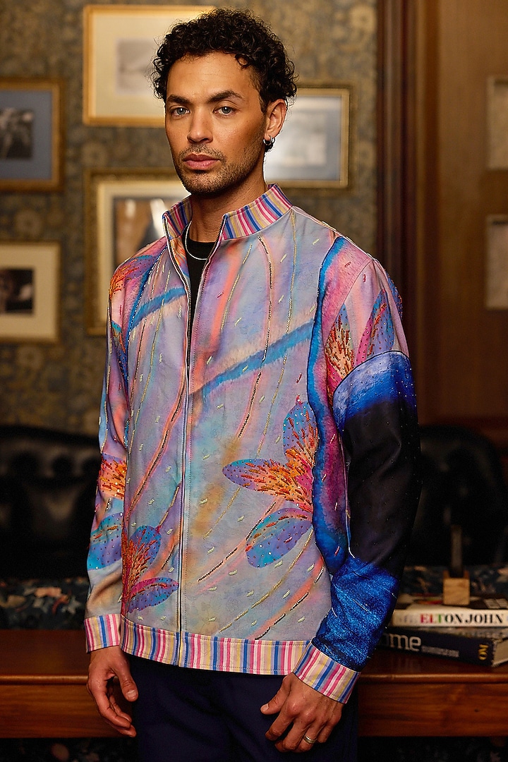 Pink Tiger Fabric Hand Embroidered Bomber Jacket by ASUKA at Pernia's Pop Up Shop