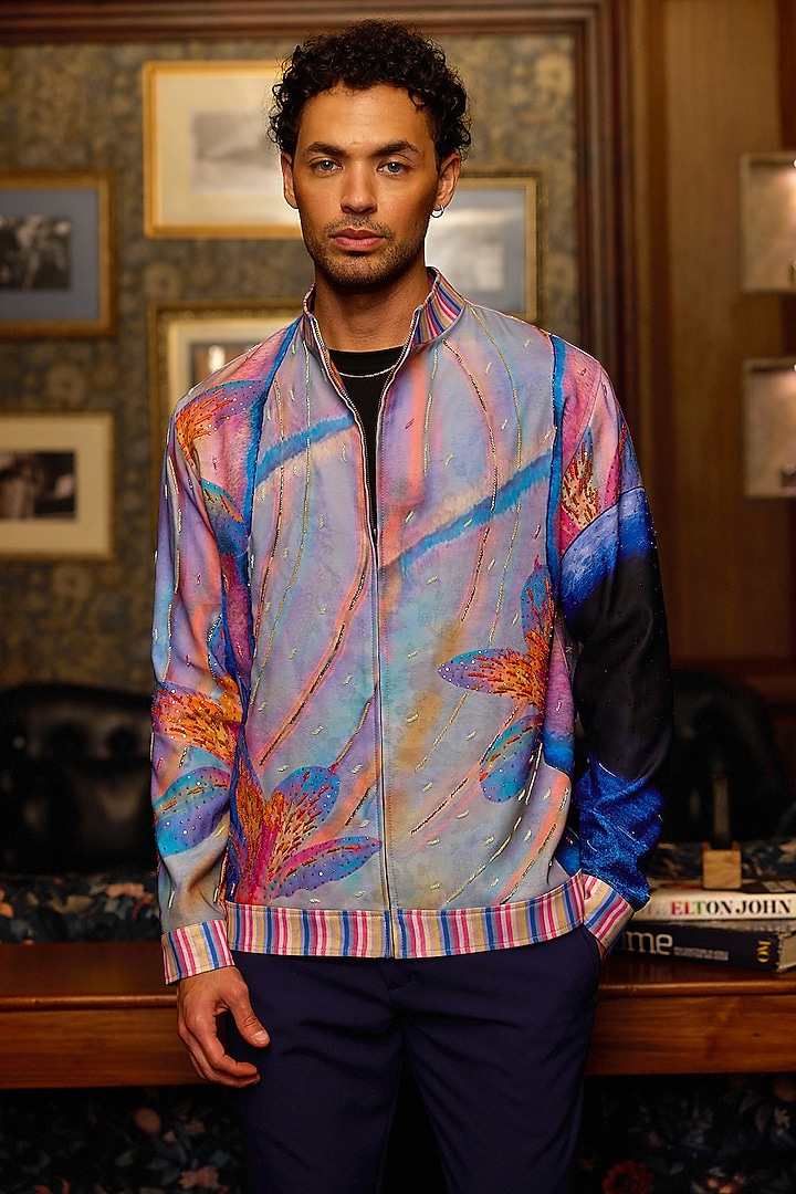 Pink Tiger Fabric Hand Embroidered Bomber Jacket by ASUKA at Pernia's Pop Up Shop