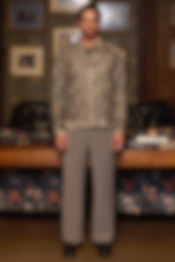 Beige Canvas Fabric Machine Embroidered Bomber Jacket by ASUKA at Pernia's Pop Up Shop