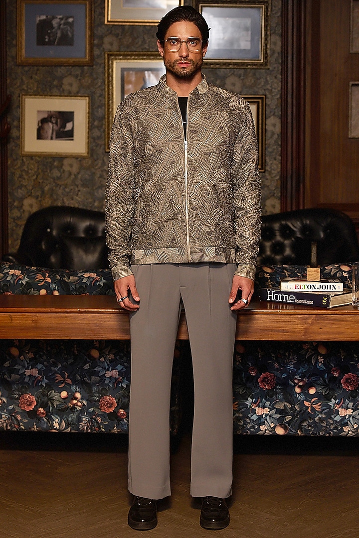 Beige Canvas Fabric Machine Embroidered Bomber Jacket by ASUKA at Pernia's Pop Up Shop