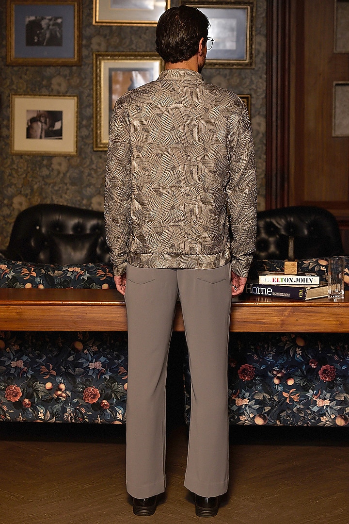 Beige Canvas Fabric Machine Embroidered Bomber Jacket by ASUKA at Pernia's Pop Up Shop